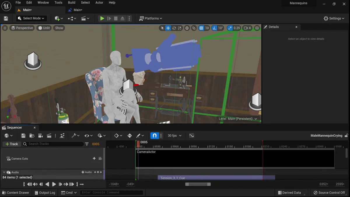Timeline da cutscene com audio e evento de impacto