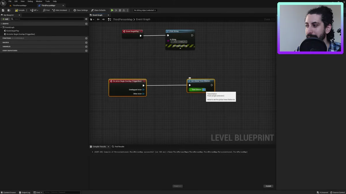 Blueprint com Trigger Box para controlar câmera lenta no Unreal Engine