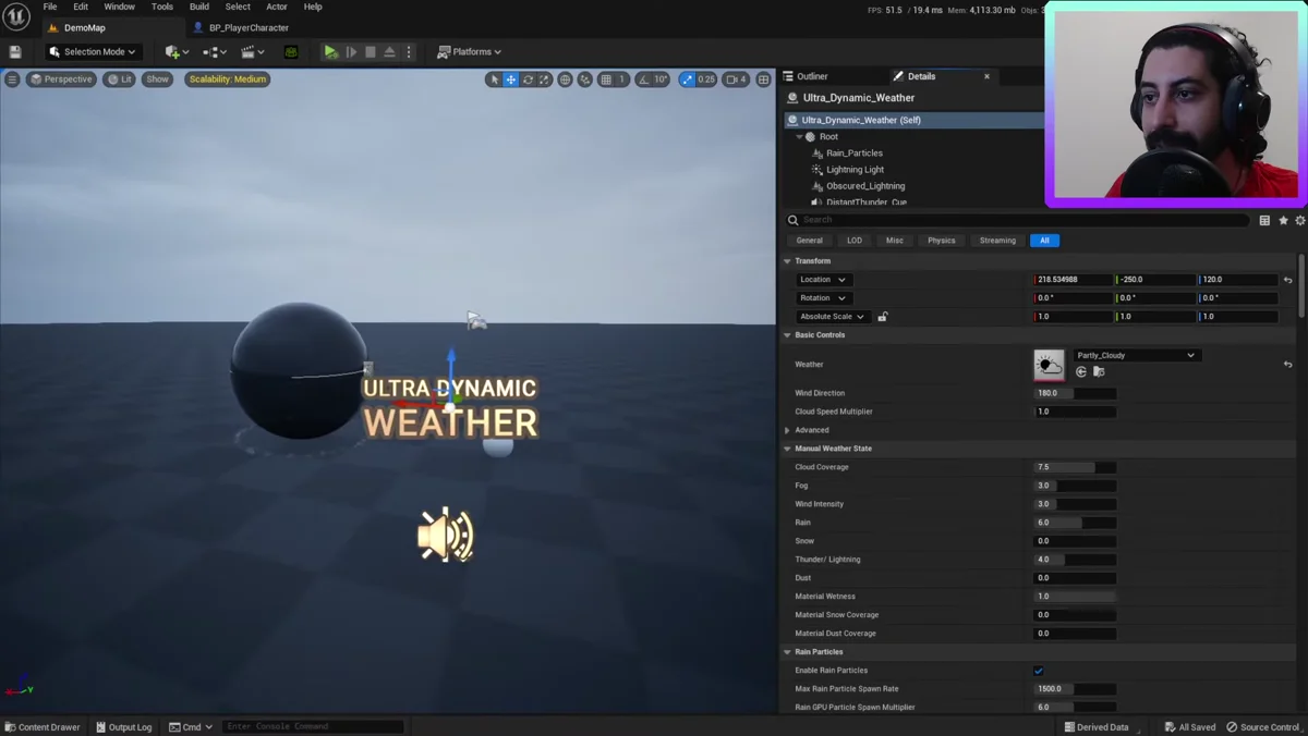 Tempestade configurada pelo Ultra Dynamic Weather na Unreal Engine