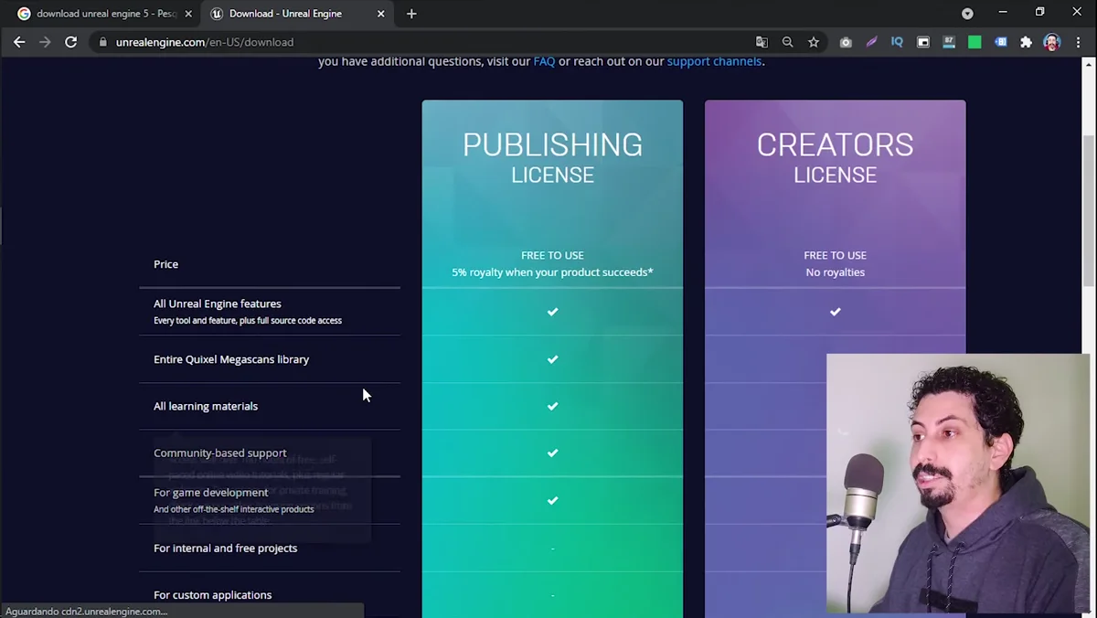 Página de download da Unreal Engine 5 com opções de licença