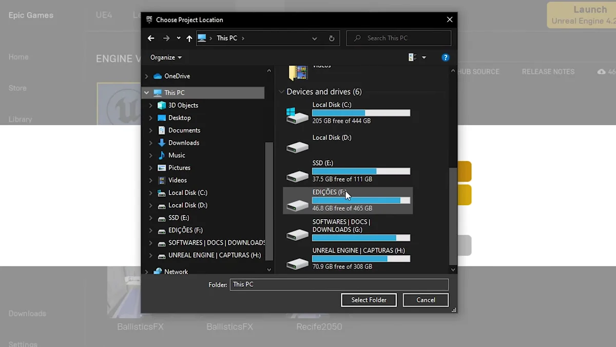 Janela do Epic Games Launcher para escolher a pasta de instalação da Unreal Engine 5