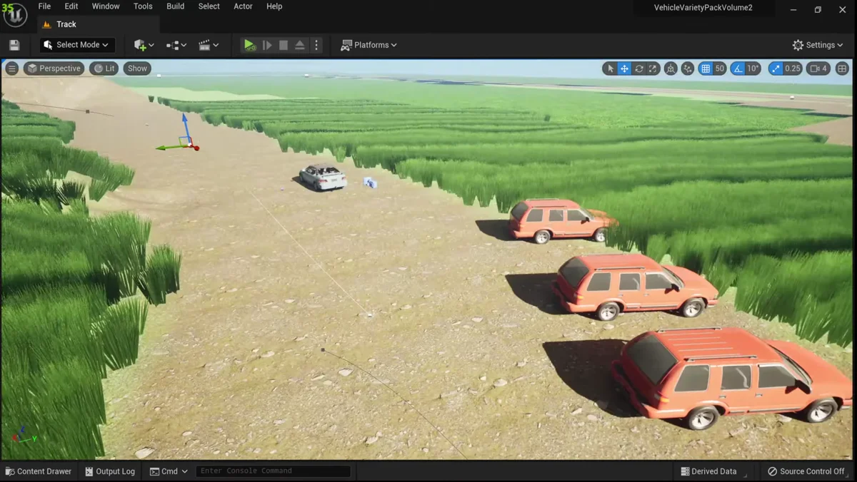Pista na Unreal Engine 5 com rota de spline para carros
