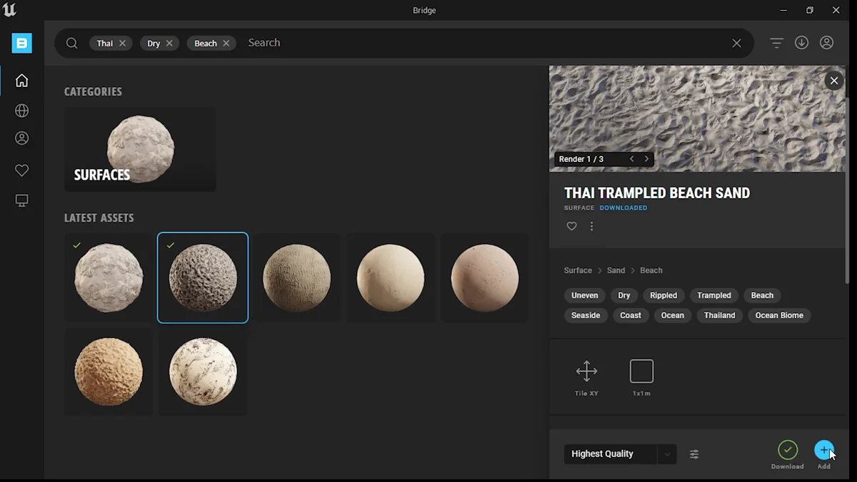 Aplicação de material de areia no terreno da praia na Unreal Engine 5.