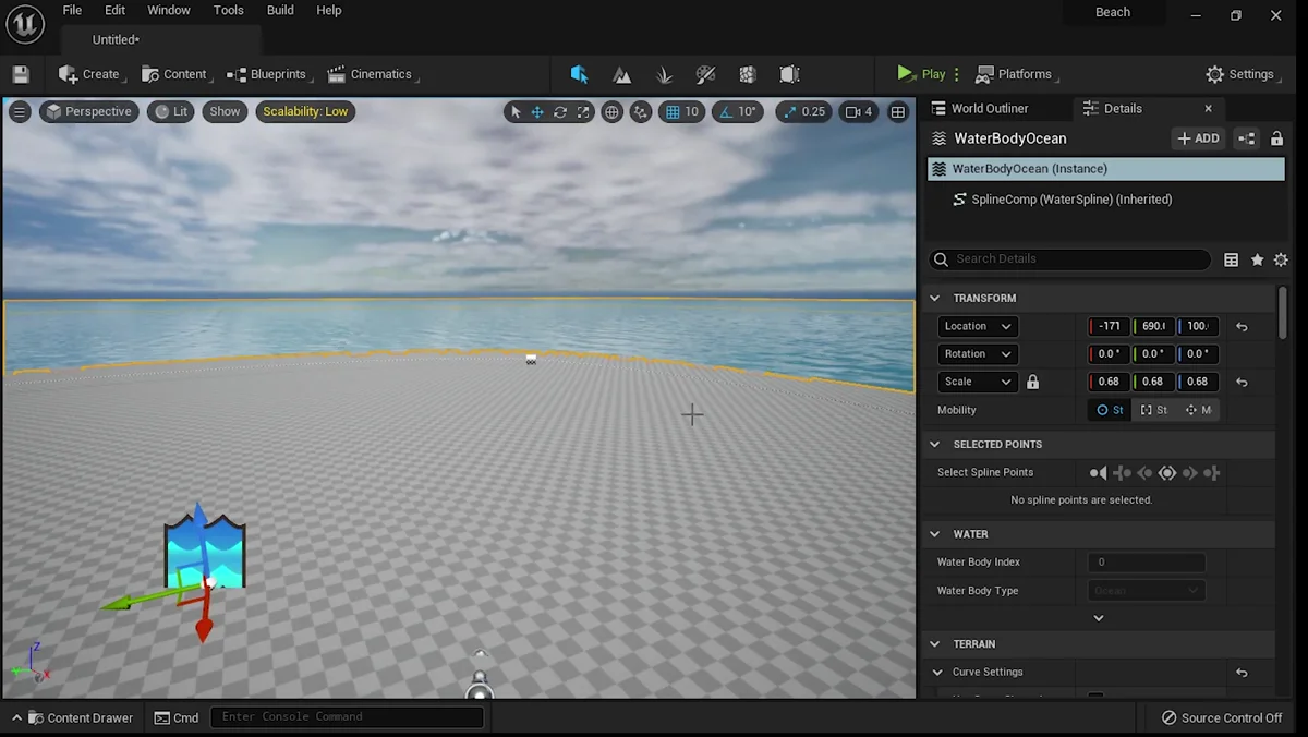 Ajuste do oceano sobre o terreno do cenário de praia na Unreal Engine 5.