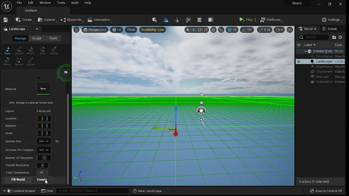 Criação de uma Landscape para formar o terreno da praia na Unreal Engine 5.