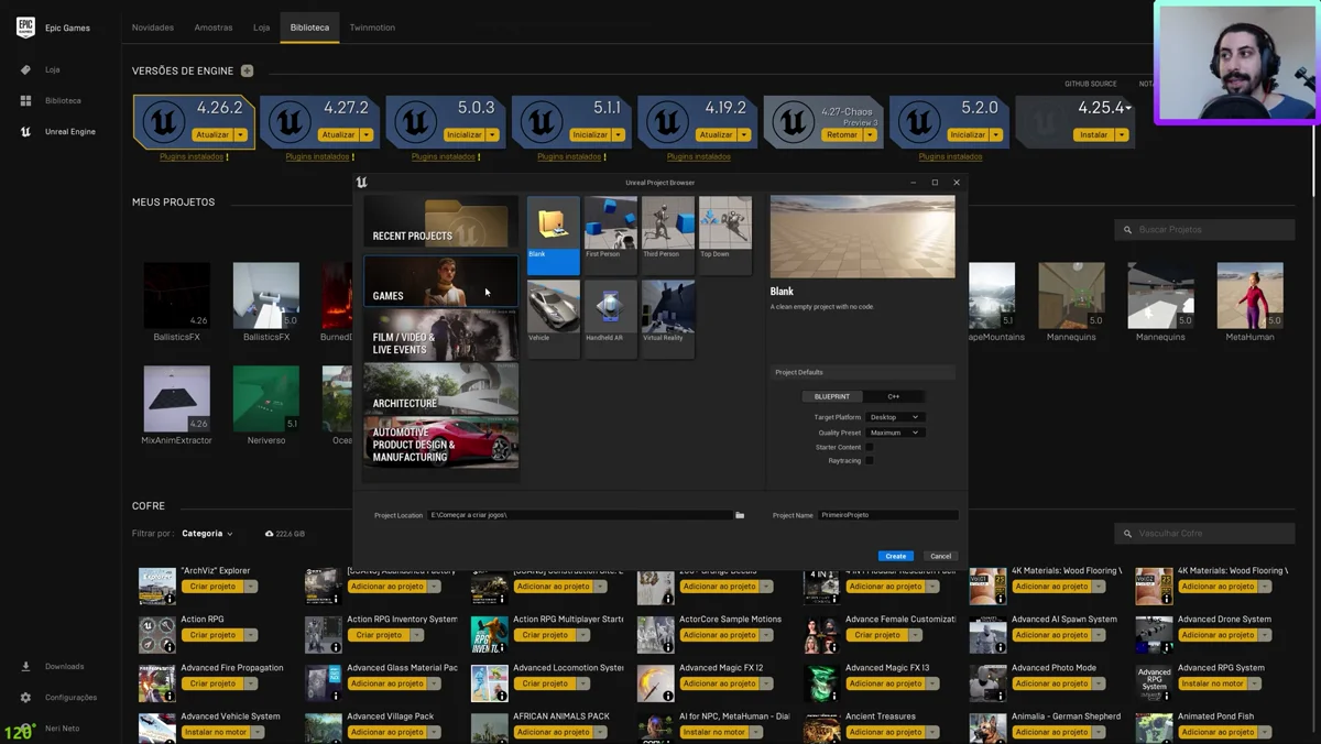 Tela de criação de projeto na Unreal Engine com template de terceira pessoa