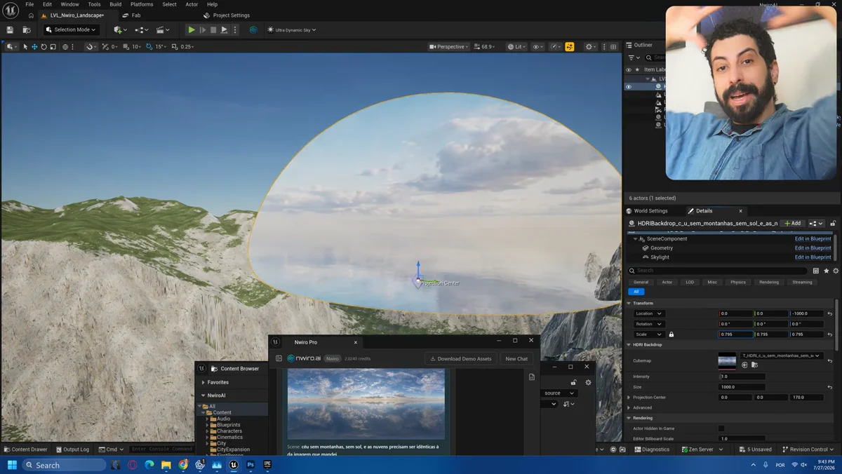 Cena de terreno na Unreal Engine com iluminação, céu e vegetação