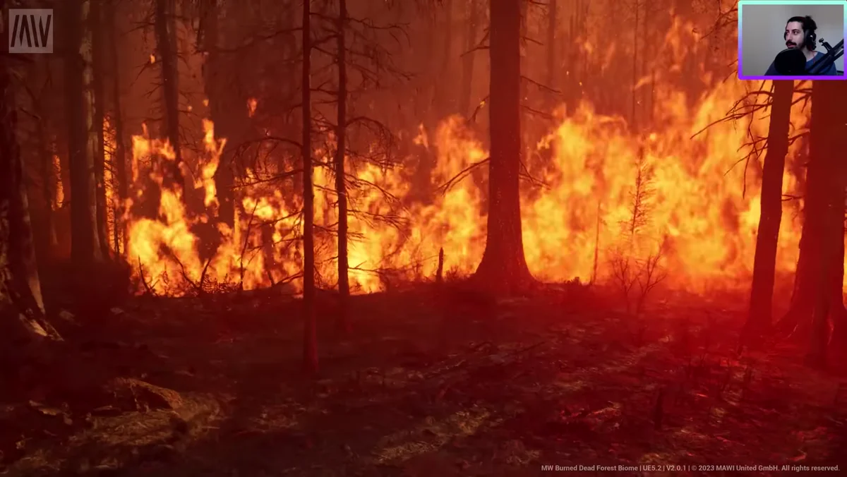 Fogo iluminando uma floresta no Unreal Engine 5