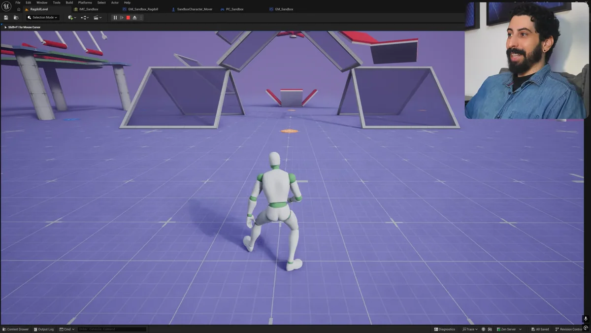 Personagem em sistema de movimentacao com ragdoll na Unreal Engine 5.8