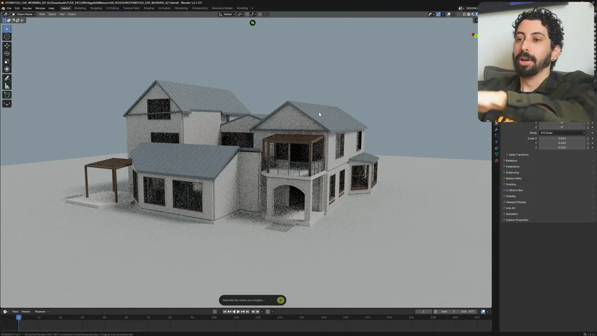 Modelagem de casa no Blender com áreas externas e elementos arquitetônicos