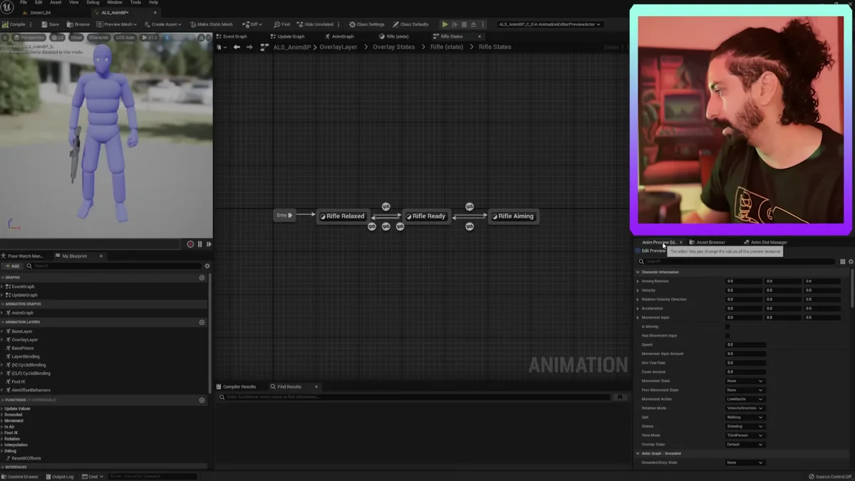 Editor da Unreal Engine com camadas de poses para personagem