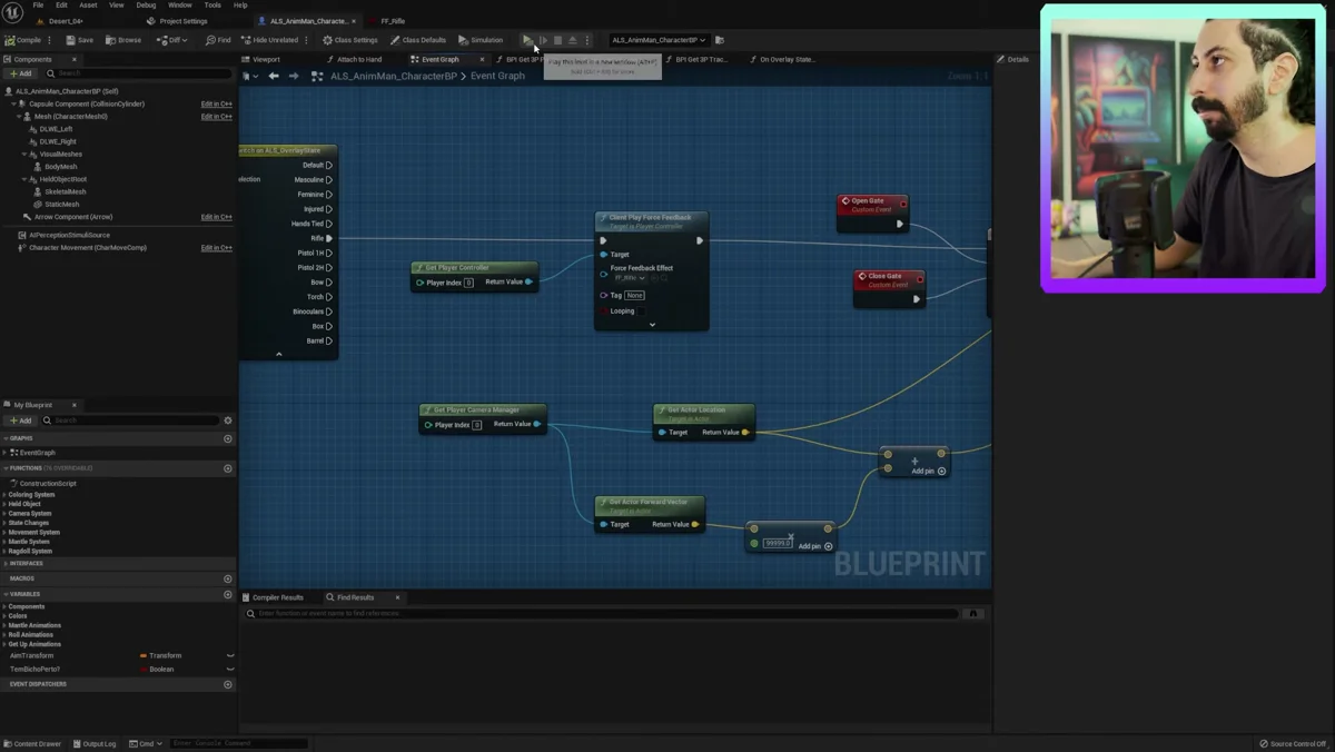 Blueprint acionando Force Feedback durante o disparo