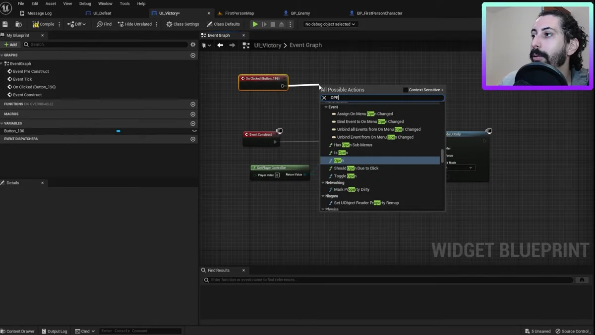 Blueprint do botão configurada para abrir novamente o mapa First Person