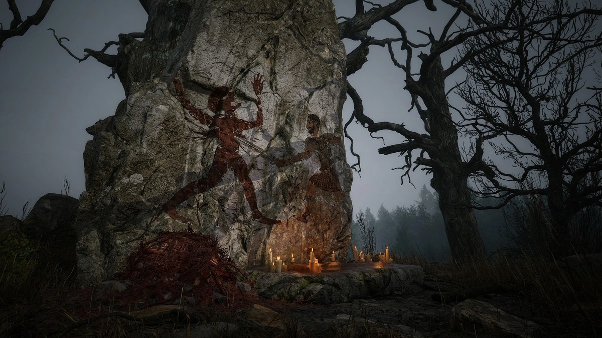 A rock painting depicting the slaying of a monster in ‘The Blood of Dawnwalker’.