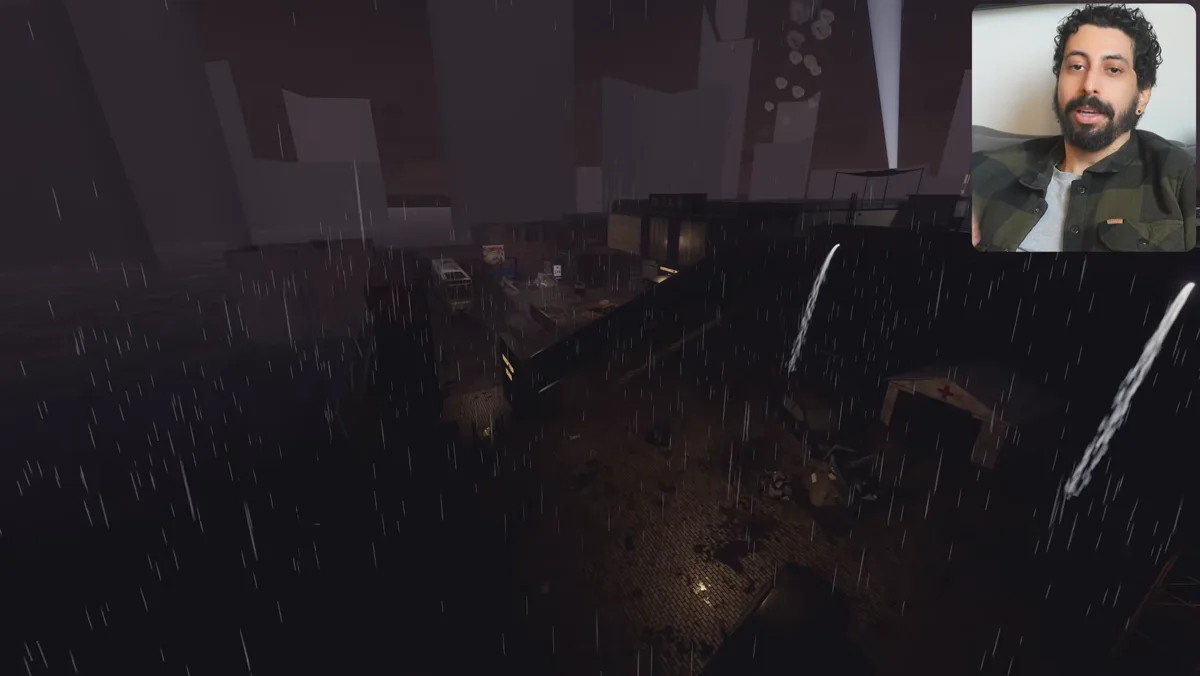 Cenário de jogo em desenvolvimento com blocagem e modelos 3D