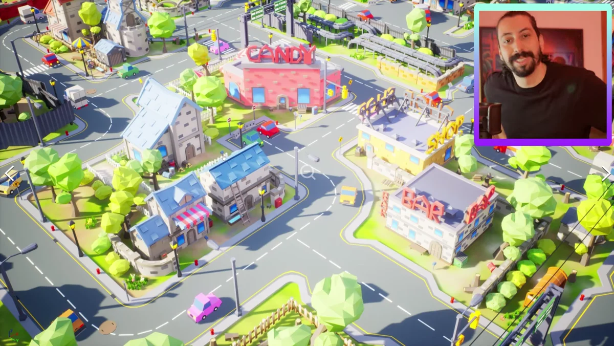 Cidade low poly com prédios, postes e veículos para Unreal Engine