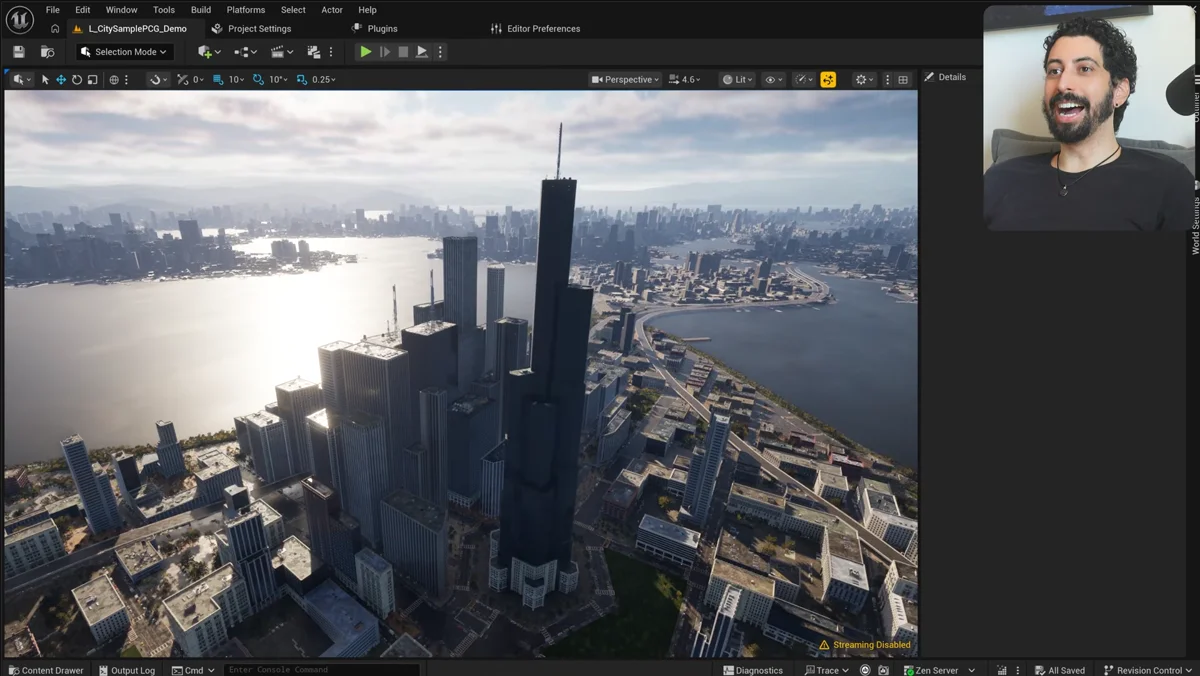Cidade 3D densa com prédios, carros e vegetação na Unreal Engine 5