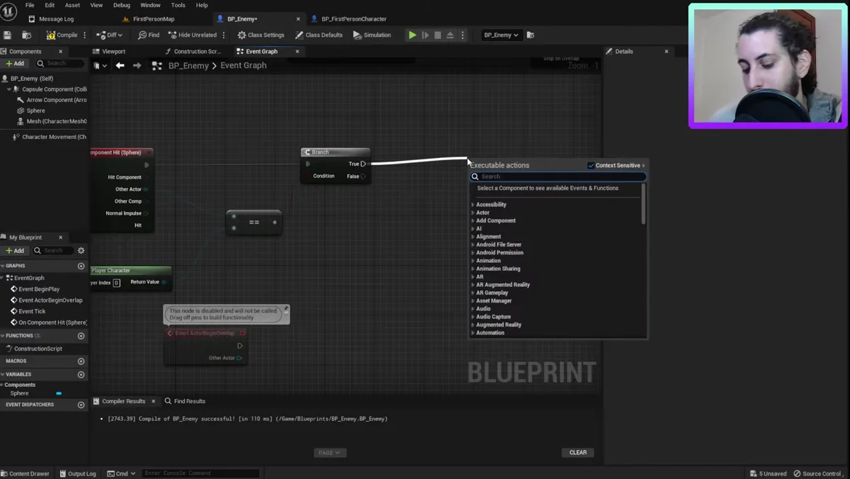 Blueprint do inimigo configurando bloqueio de movimento após colisão