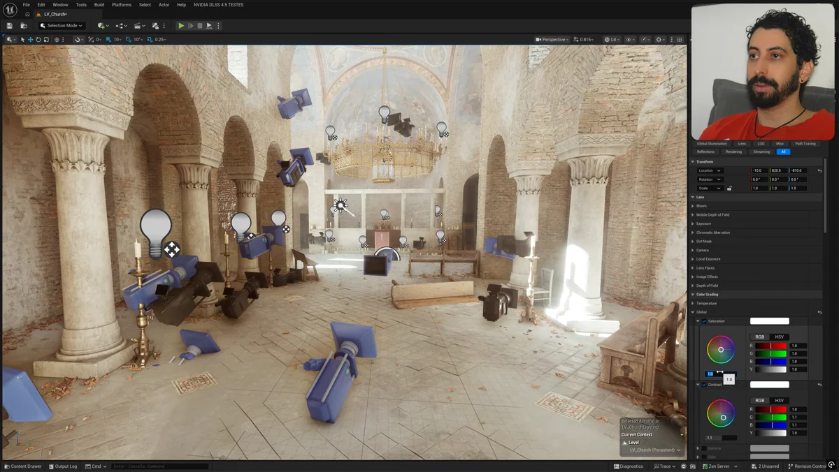 Cena da Unreal Engine comparando iluminação com renderização neural