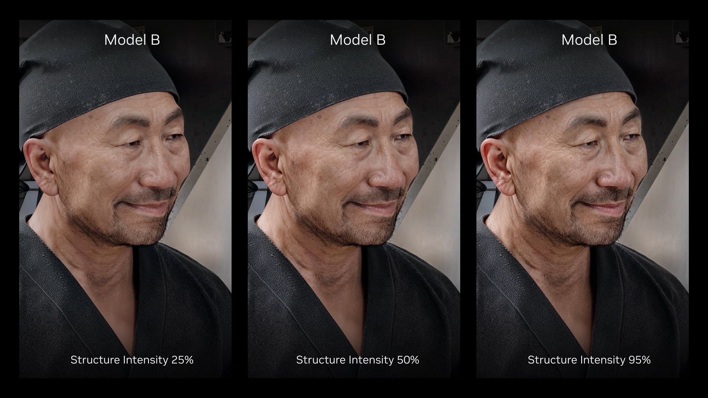 An example of how the Structure Intensity setting alters the appearance of DLSS 5's AI Model B