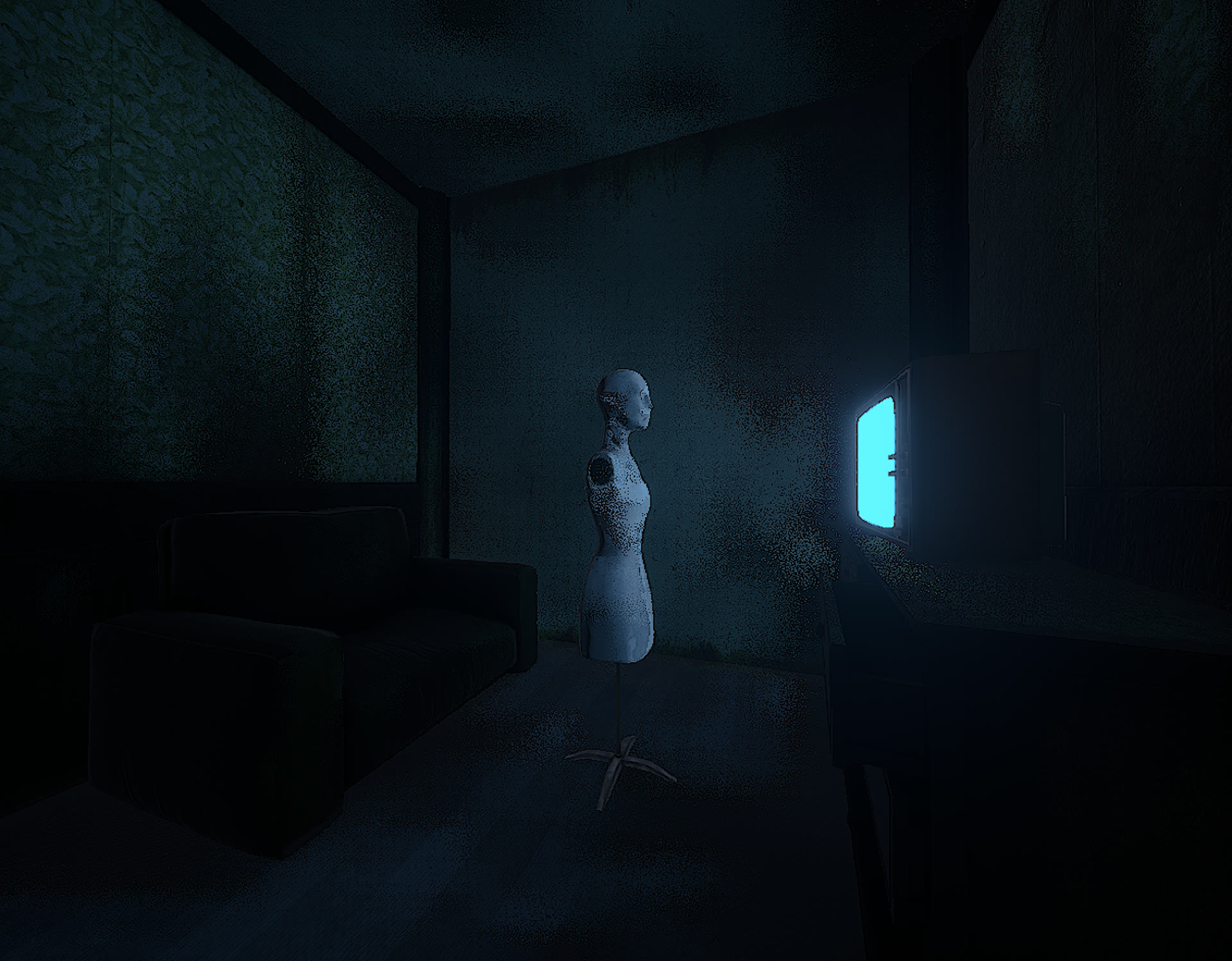 Faceless mannequin beside a blue-lit screen in the development build