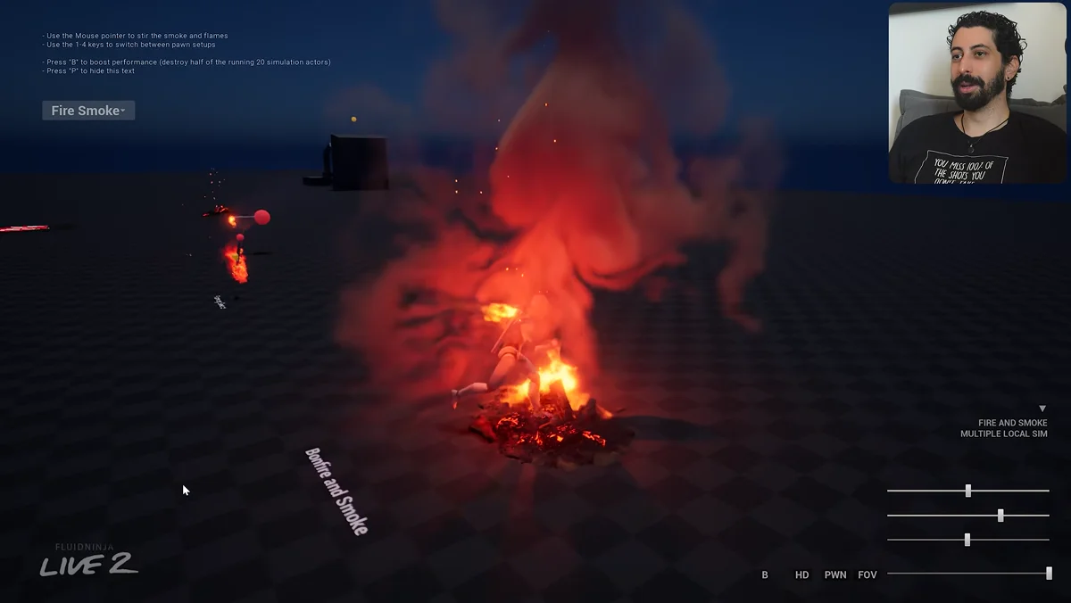 Efeito de fogo e fumaça interagindo com o personagem em uma cena da Unreal Engine