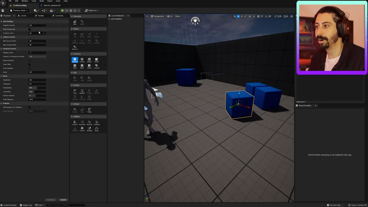 Painel Fracture da Unreal Engine 5 preparando uma malha para destruição