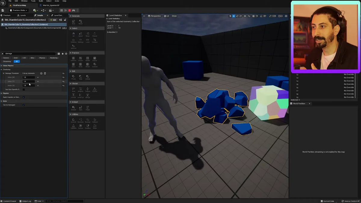 Malha fragmentada em teste de destruição física na Unreal Engine 5