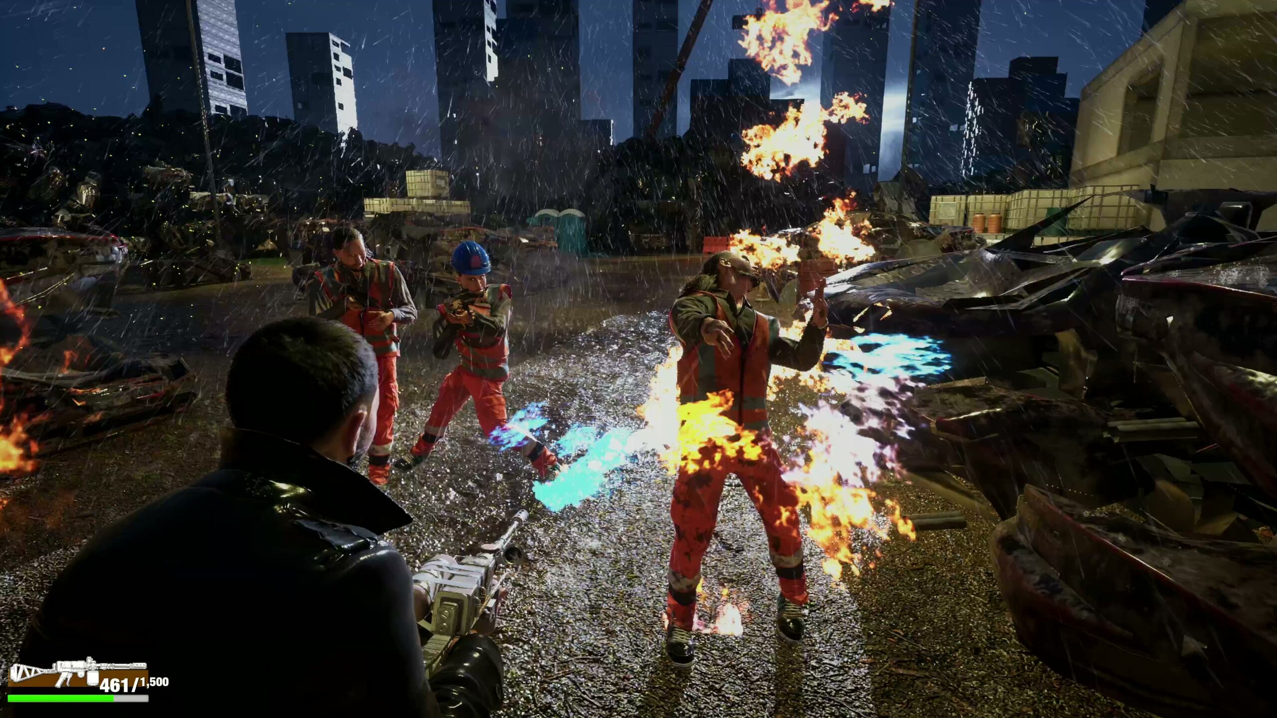 Flamethrower combat in heavy rain