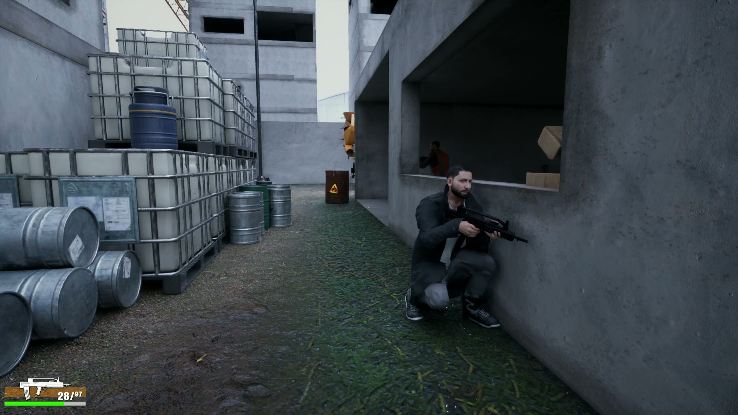 Detective taking cover beside a construction site