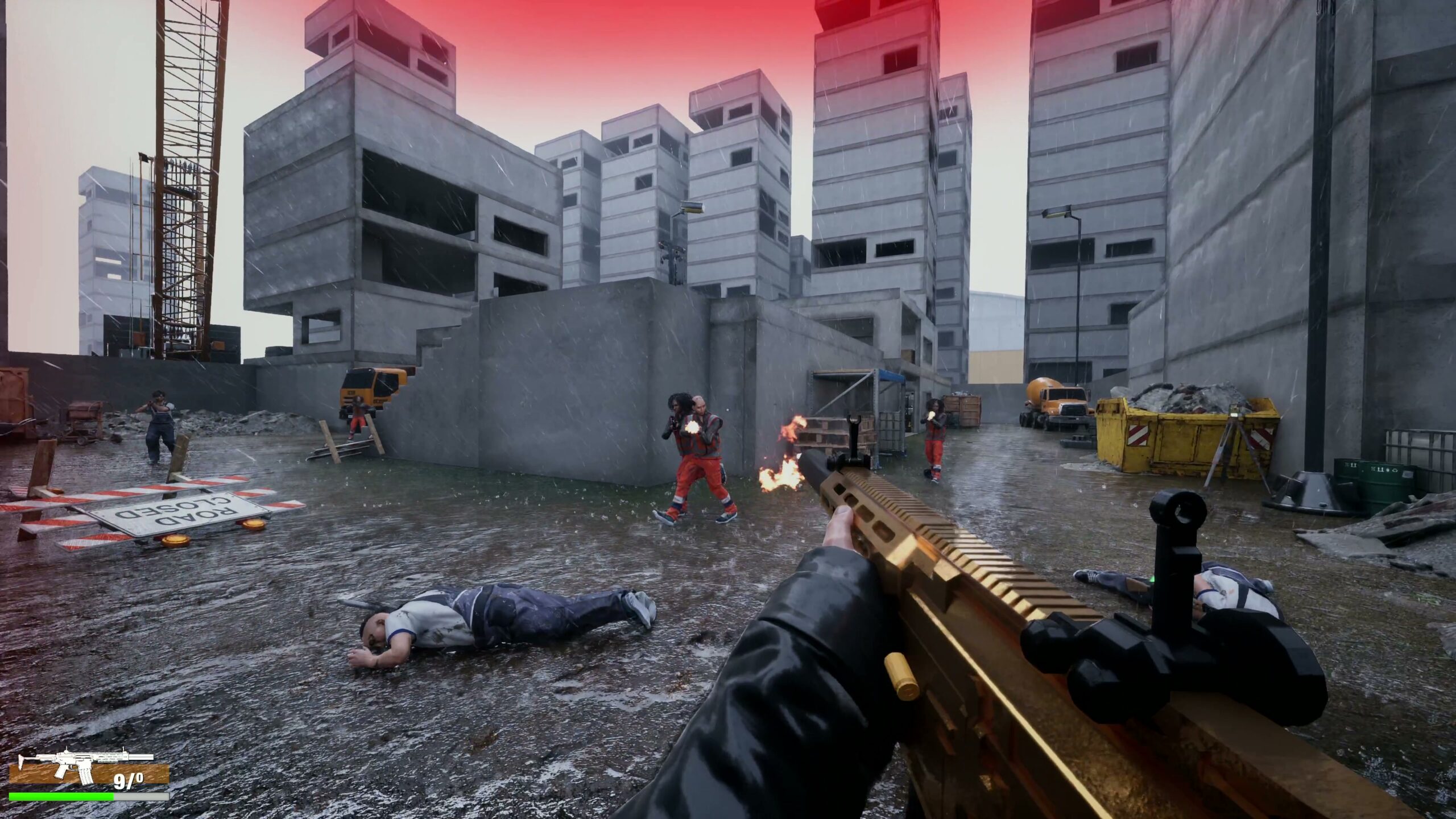 Enemies advancing through heavy rain
