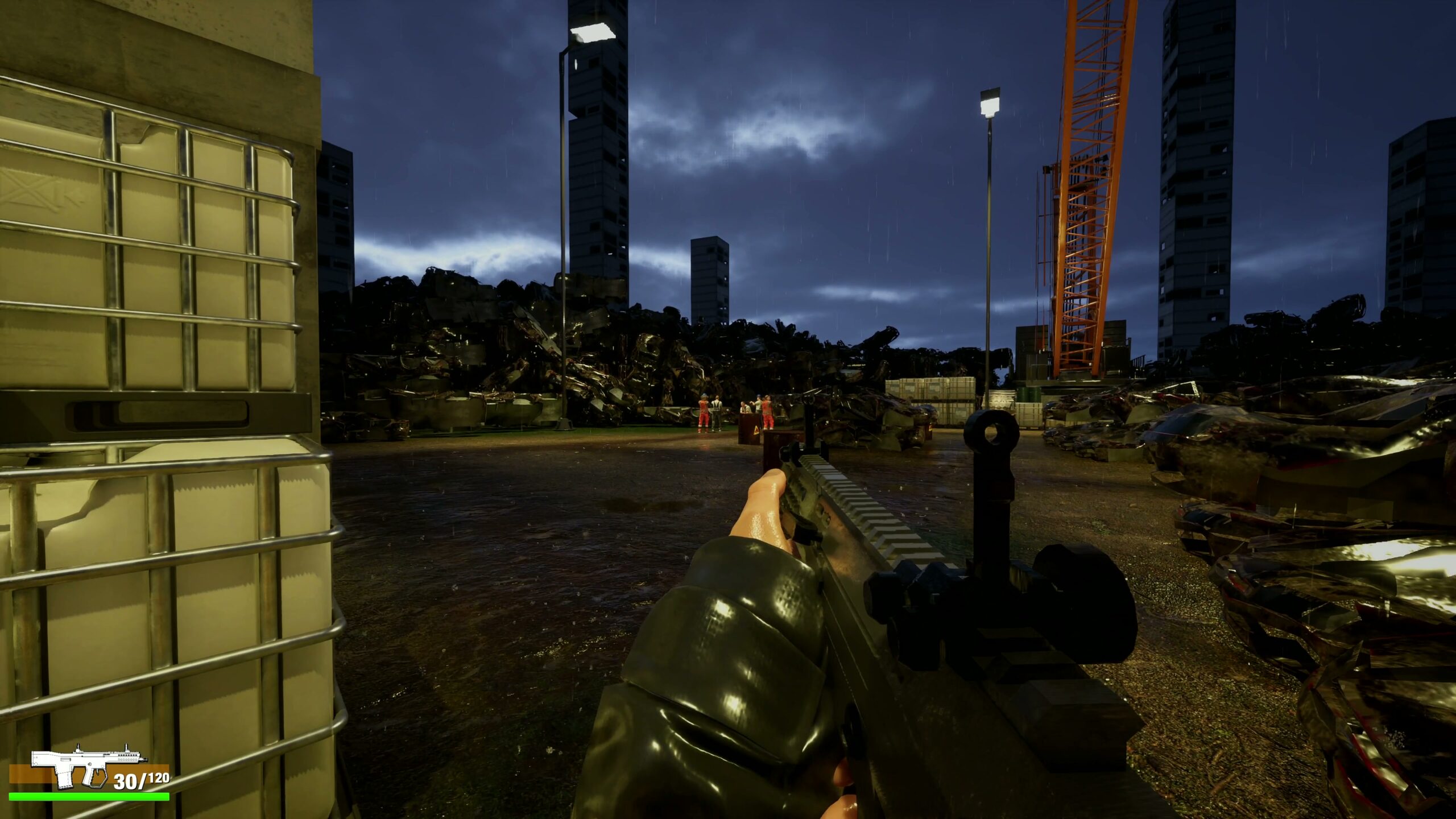 Rifle fire across the rain-soaked scrapyard