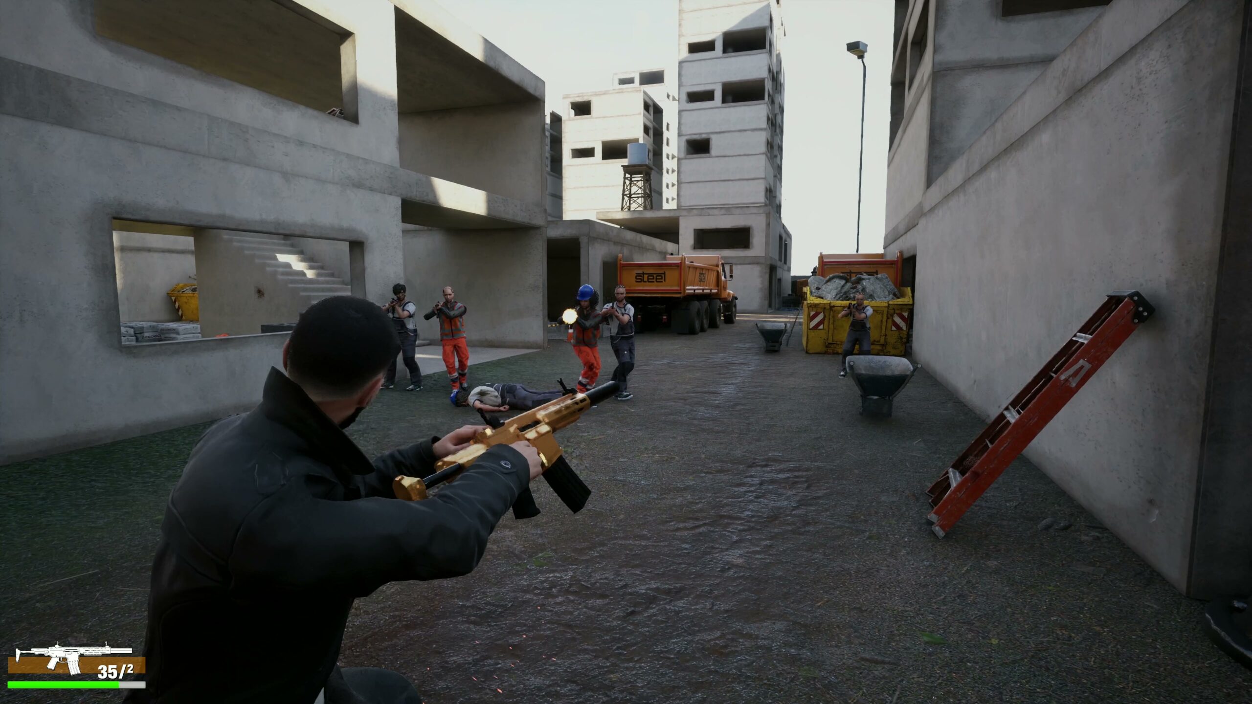 Close-range firefight in the construction yard