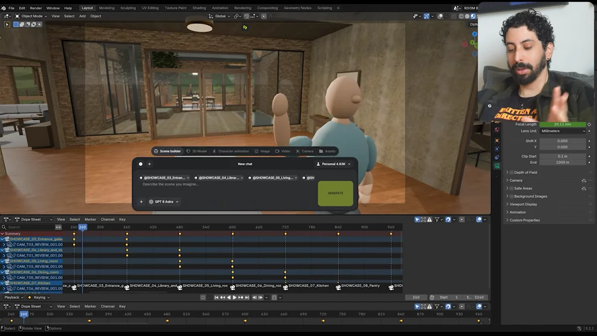 Renderização de cenário 3D com câmeras e iluminação para cinema e games
