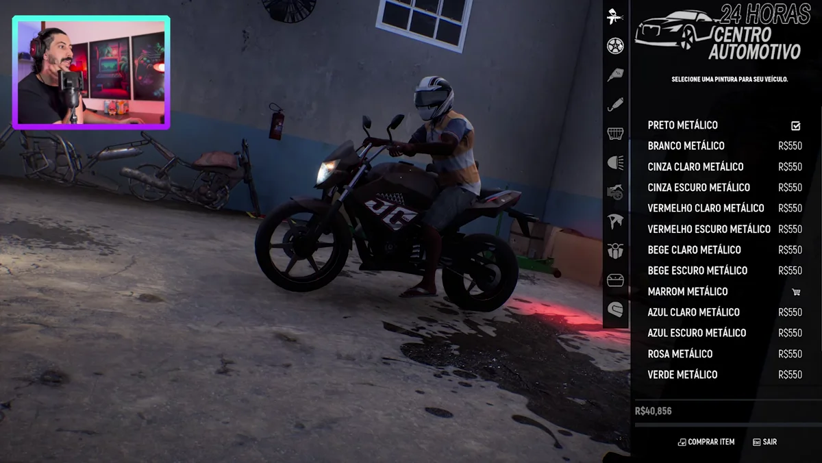 Tela de oficina mostra opções para personalizar uma moto no Jogo 171