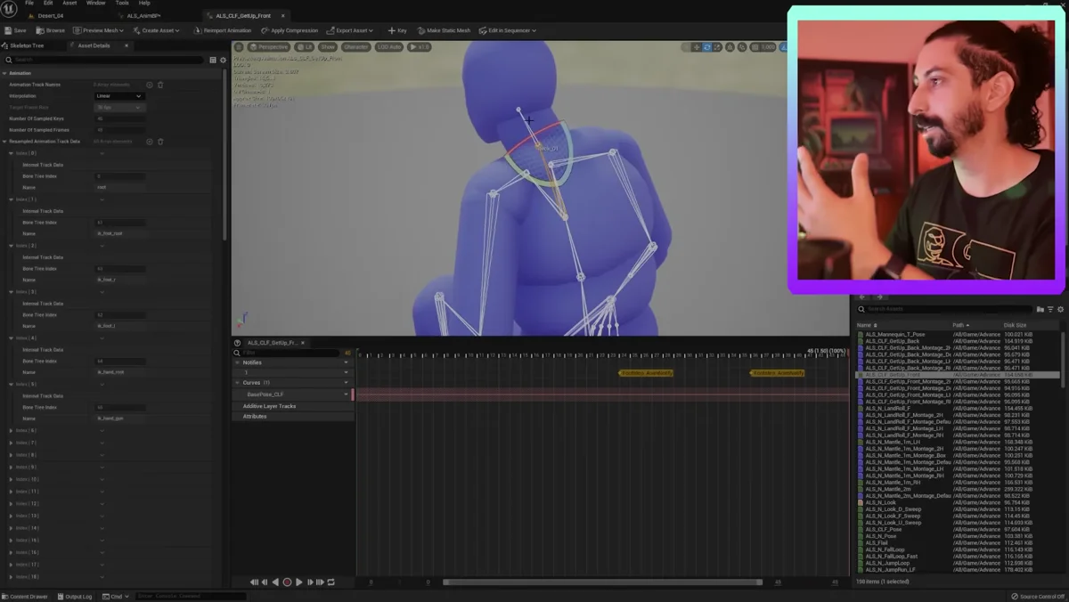 Editor de animação com keyframes e estrutura óssea de um personagem
