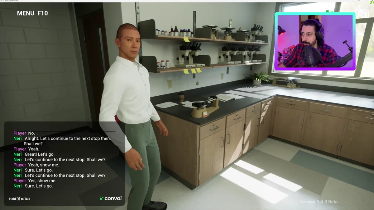 Laboratório virtual em Unreal Engine durante interação por voz com inteligência artificial