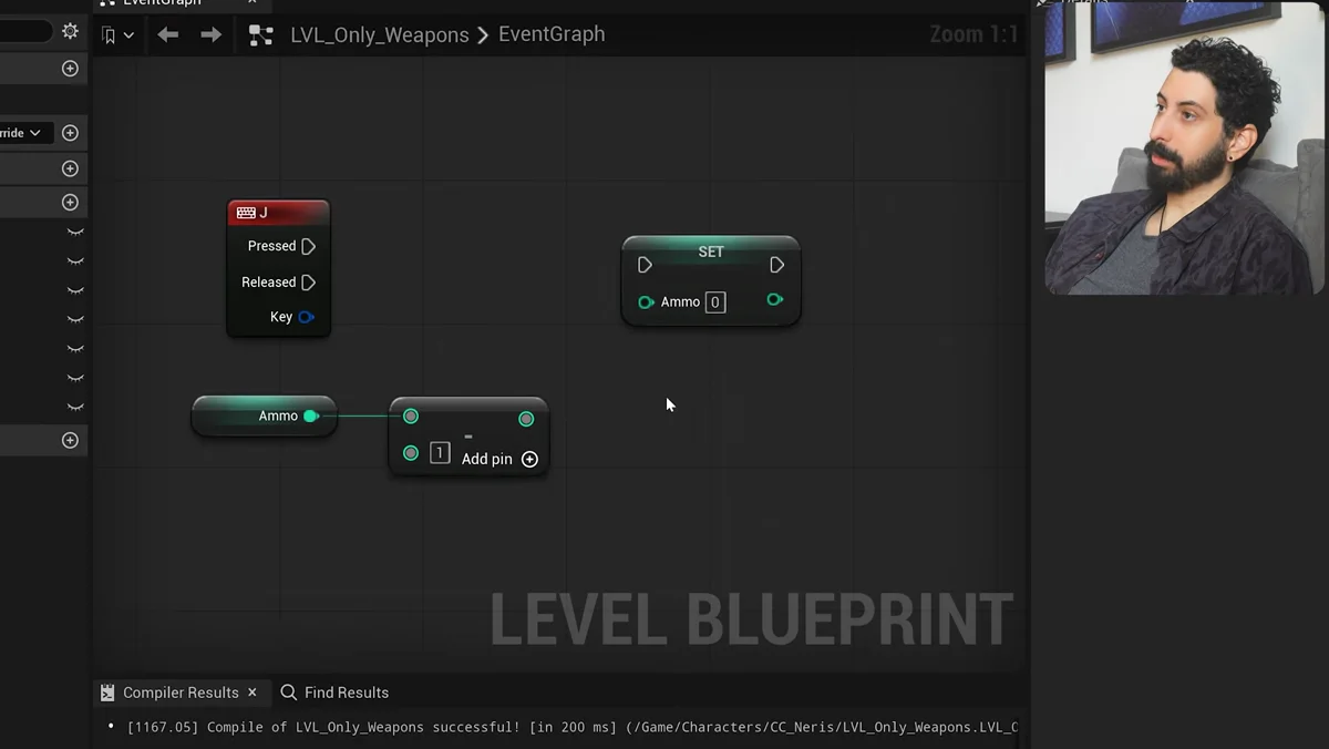 Blueprint com variável de munição e operação de subtração