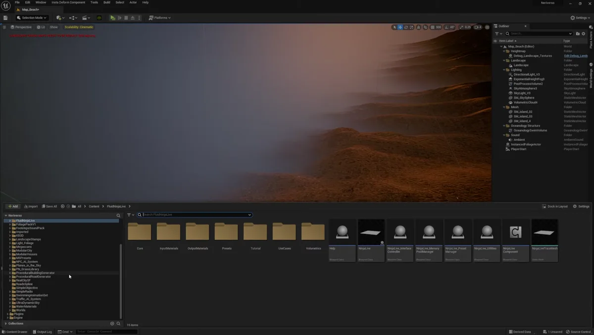 Oceano do Oceanology sendo posicionado no mapa de praia na Unreal Engine 5