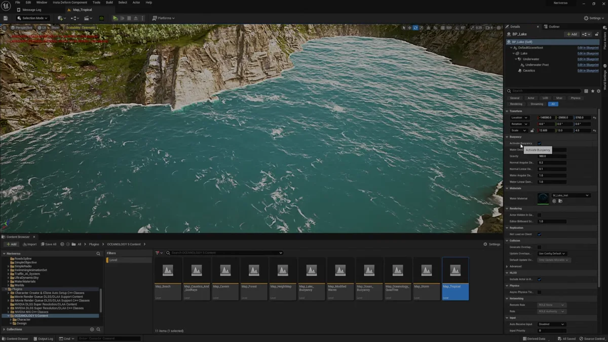 Painel de parâmetros do oceano no Oceanology na Unreal Engine 5