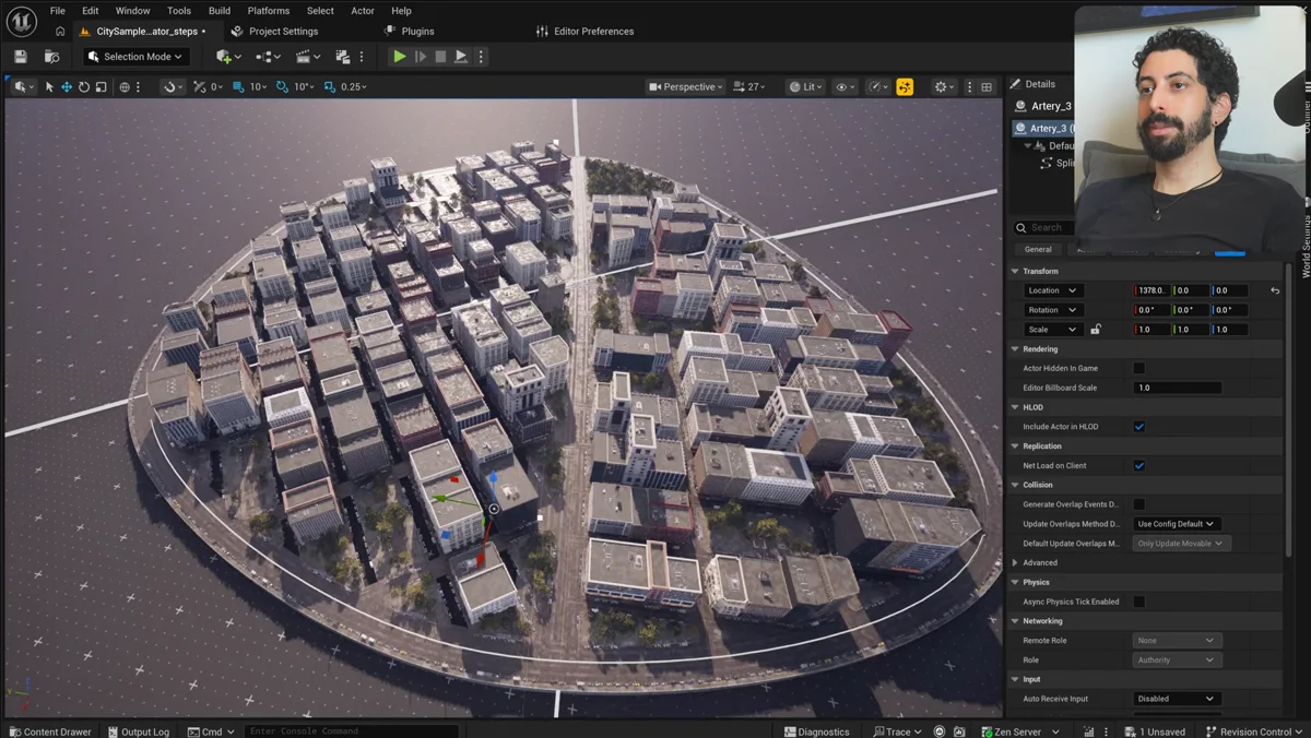 Editor da Unreal Engine com rua procedural selecionada em uma cidade