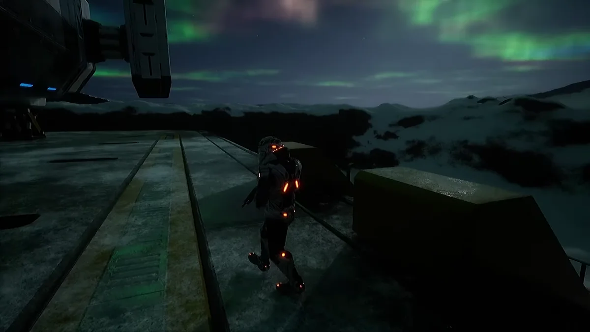 Cenário espacial com neve, planeta ao fundo e aurora boreal em Unreal Engine 5