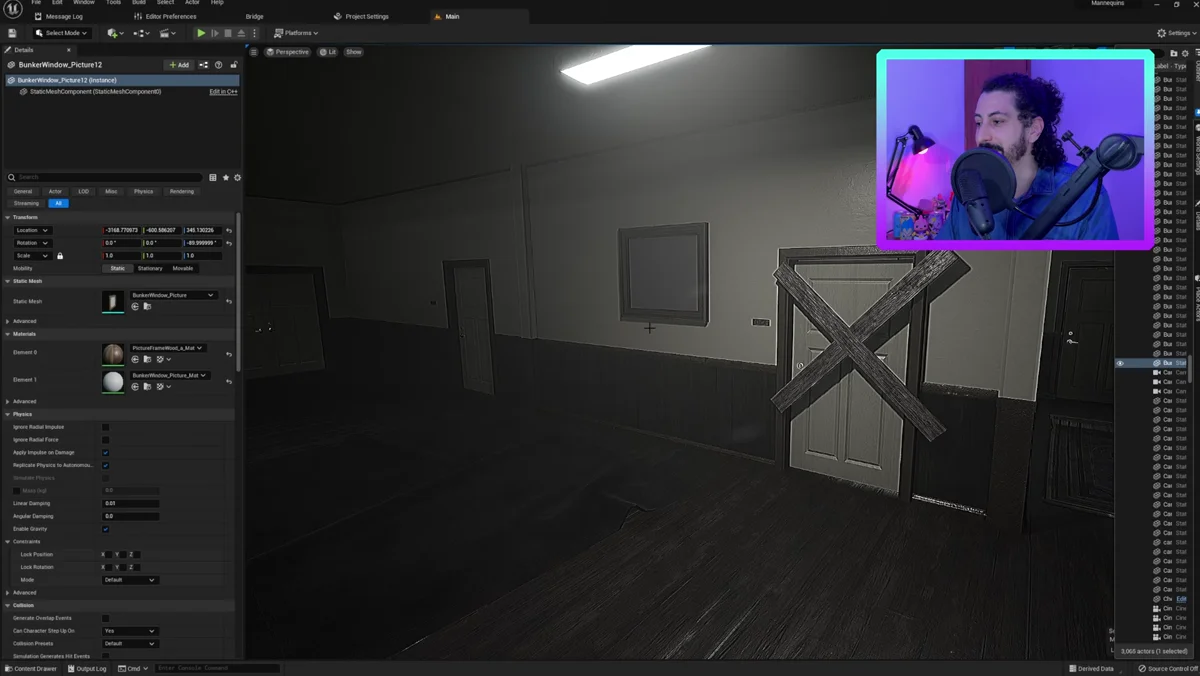 Quadro selecionado em um cenário de terror no Unreal Engine 5