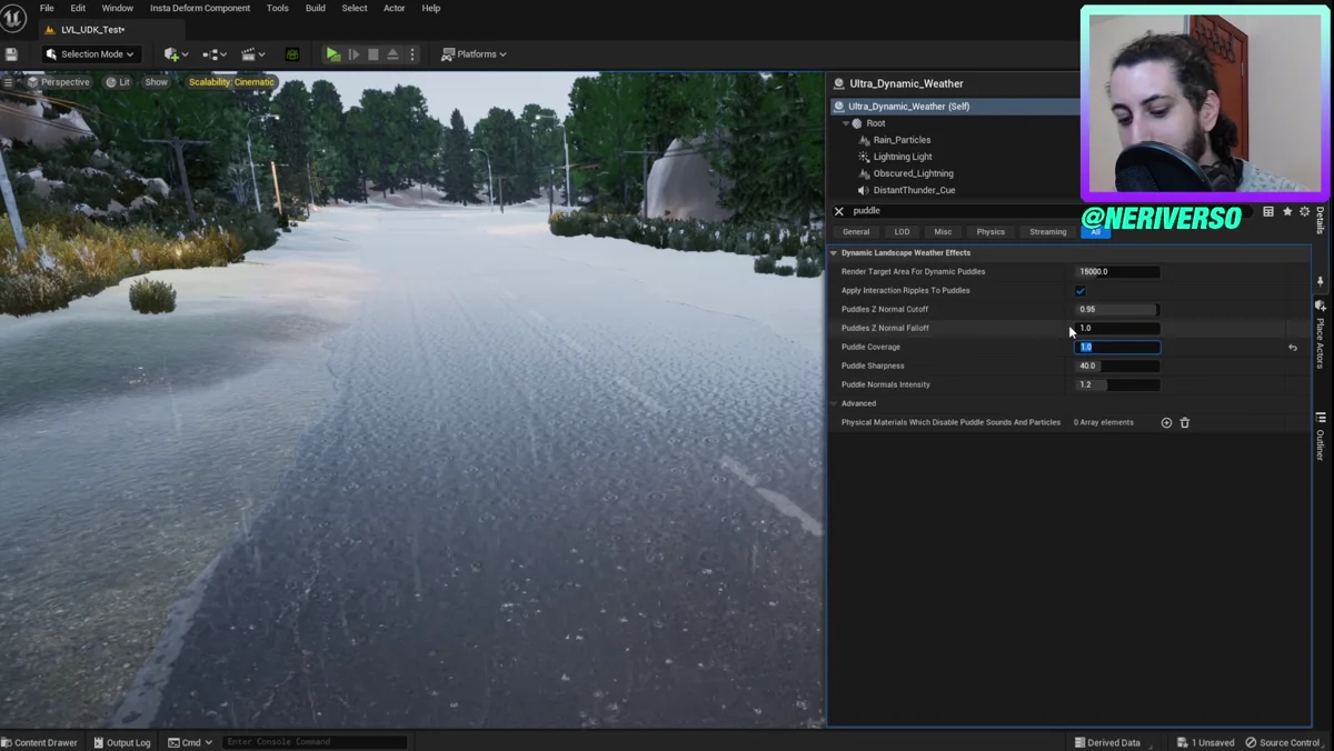 Personagem atravessa poças de chuva em cenário do Unreal Engine 5