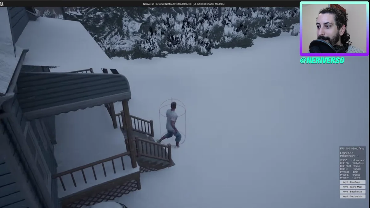 Cenário no Unreal Engine 5 com neve e rastros no solo