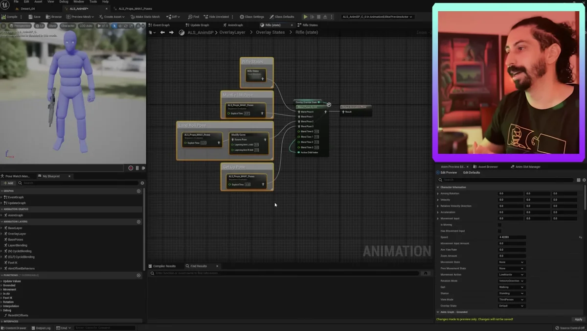 Editor da Unreal Engine com estados de locomoção e poses de rifle