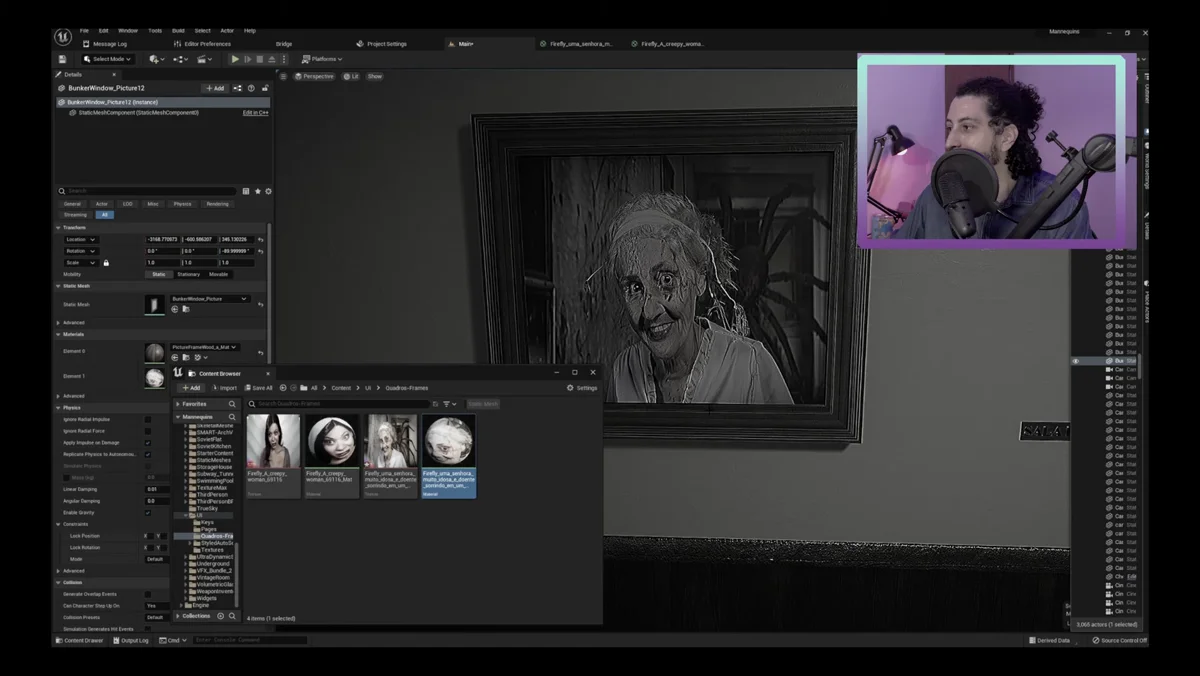 Material com imagem aplicado a um quadro no Unreal Engine 5