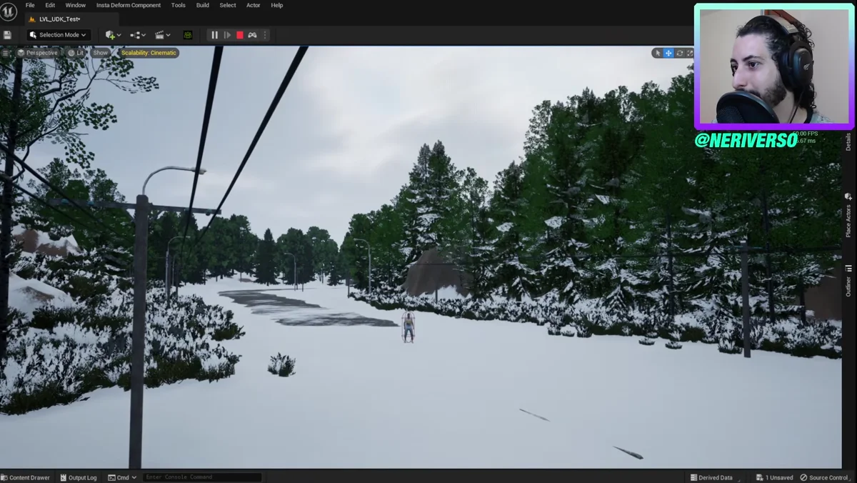 Cenário nevado no Unreal Engine 5 durante a transição entre noite e dia