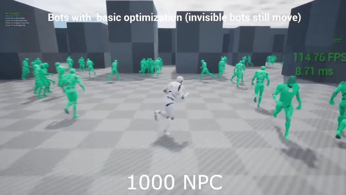 Demonstração de muitos NPCs em cena com foco em otimização