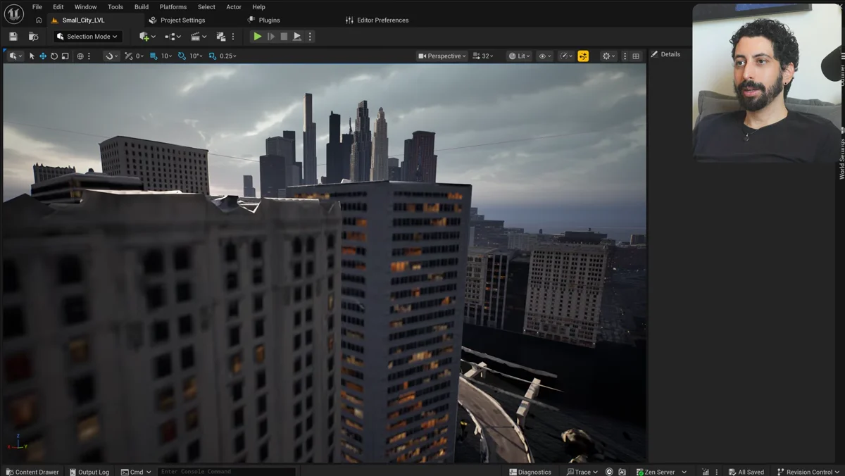 Cidade menor carregada no editor da Unreal Engine com World Partition